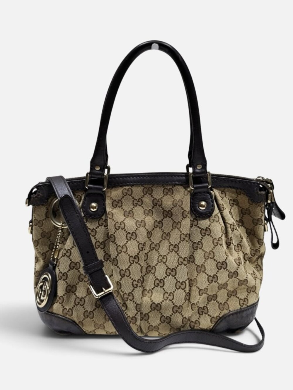 Gucci Abbey GG Monogram Canvas D-Ring Tote Bag Brown Leather Vintage Italy